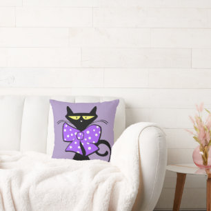 Süße schwarze Katze lila Schleife Polka-Punkt-Wurf Kissen
