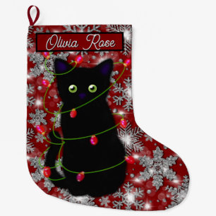 Süße schwarze Katze Meowy Weihnachten funkelnde Sc Großer Weihnachtsstrumpf