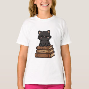 Süße schwarze Katze mit Brille auf Büchern - Büche T-Shirt