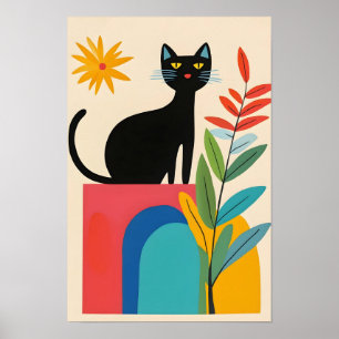 Süße schwarze Katze mit farbenfroher Blume Poster
