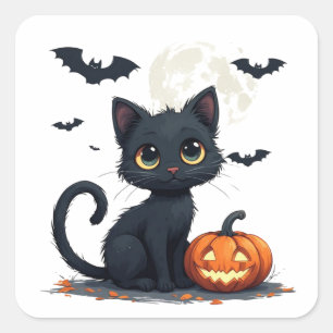 Süße schwarze Katze mit Fledermäusen Halloween 🎃 Quadratischer Aufkleber
