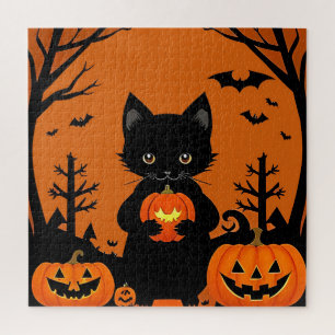 Süße schwarze Katze mit Halloween-Kürbissen