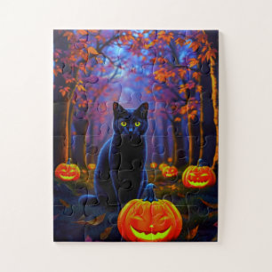Süße schwarze Katze mit Halloween-Kürbissen
