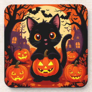 Süße schwarze Katze mit Halloween-Kürbissen Getränkeuntersetzer