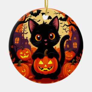 Süße schwarze Katze mit Halloween-Kürbissen Keramik Ornament