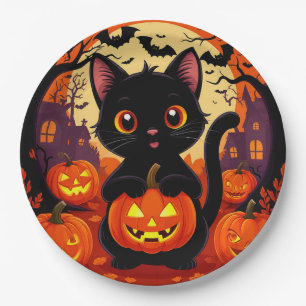 Süße schwarze Katze mit Halloween-Kürbissen Pappteller