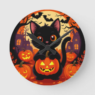 Süße schwarze Katze mit Halloween-Kürbissen Runde Wanduhr