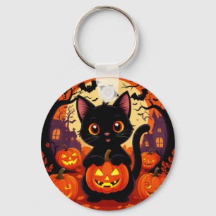 Süße schwarze Katze mit Halloween-Kürbissen Schlüsselanhänger