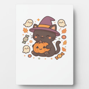 Süße schwarze Katze mit Hexenhut – Kawaii Hallowee Fotoplatte