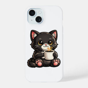 Süße schwarze Katze mit Kaffee iPhone 15 Hülle