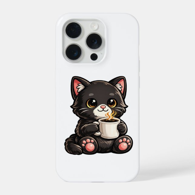 Süße schwarze Katze mit Kaffee iPhone 15 Pro Hülle (Rückseite)