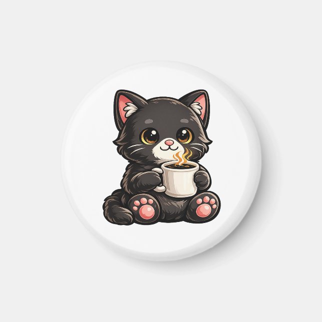 Süße schwarze Katze mit Kaffee Magnet (Vorne)