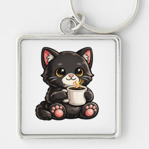 Süße schwarze Katze mit Kaffee Schlüsselanhänger