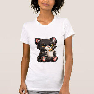 Süße schwarze Katze mit Kaffee T-Shirt
