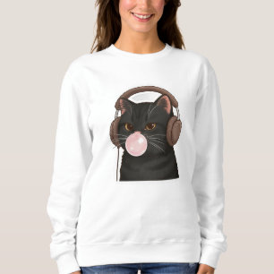 Süße schwarze Katze mit Kopfhörern, die Kaugummi b Sweatshirt