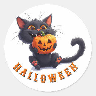 Süße schwarze Katze mit Kürbisturm Halloween 🎃 Runder Aufkleber