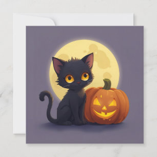 Süße schwarze Katze mit leuchtendem ausgehöhltem K Einladung