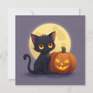Süße schwarze Katze mit leuchtendem ausgehöhltem K Einladung