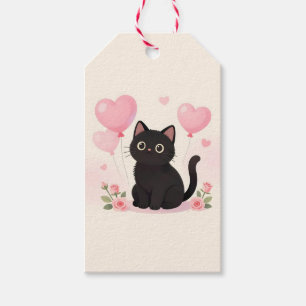 Süße schwarze Katze mit rosa Herzen und Blumen Geschenkanhänger