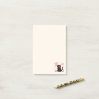 Süße schwarze Katze mit rosa Herzen und Blumen Post-it Klebezettel