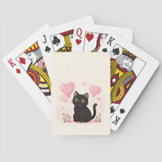 Süße schwarze Katze mit rosa Herzen und Blumen Spielkarten
