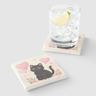 Süße schwarze Katze mit rosa Herzen und Blumen Steinuntersetzer