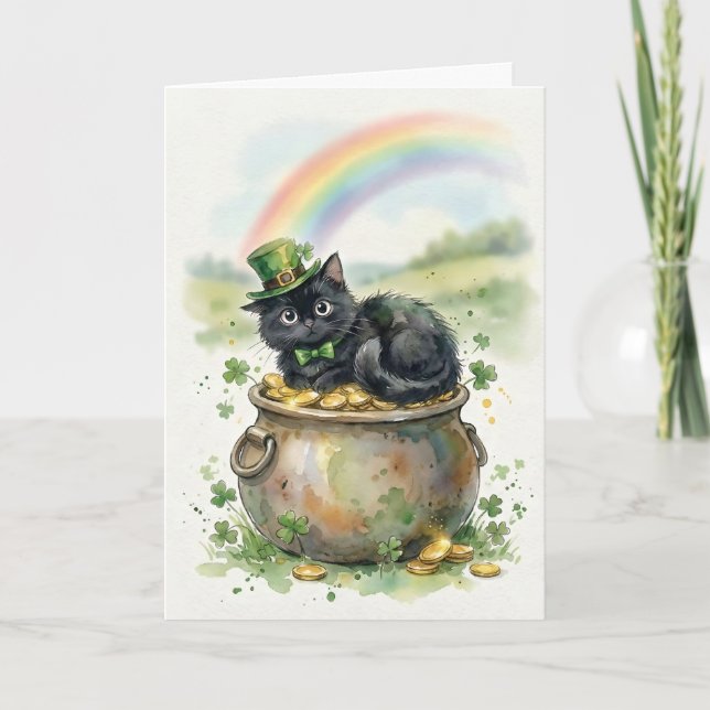 Süße schwarze Katze mit Topf voller Gold zum St. P Karte (Vorderseite)