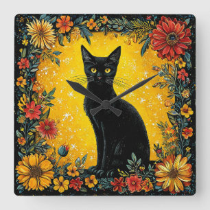 Süße schwarze Katze Quadratische Wanduhr