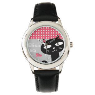 Süße schwarze Katze rosa Tupfen Namen hinzufügen Armbanduhr