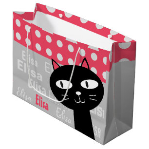 Süße schwarze Katze rosa Tupfen Namen hinzufügen Große Geschenktüte