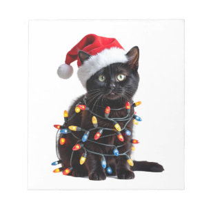 Süße schwarze Katze Santa Weihnachtslichter Miauen Notizblock