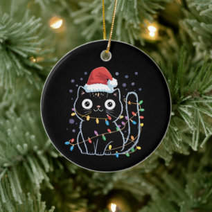 Süße schwarze Katze Santa Weihnachtslichter Miaut Keramik Ornament