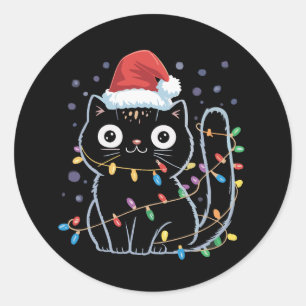 Süße schwarze Katze Santa Weihnachtslichter Miaut  Runder Aufkleber