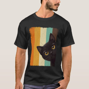Süße schwarze Katze schaut um die retro Ecke T-Shirt