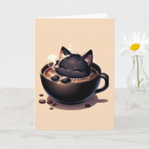 Süße schwarze Katze schwimmt in eine Kaffeetasse G Karte