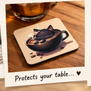 Süße schwarze Katze schwimmt in Kaffeetasse Getränkeuntersetzer