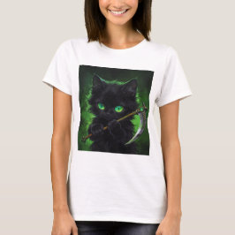 Süße schwarze Katze Sensenmann Grüne Augen Hallowe T-Shirt