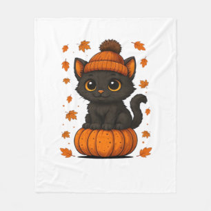 Süße schwarze Katze sitzt auf Kürbis Herbst Ästhet Fleecedecke