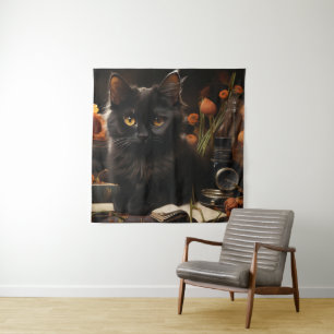 Süße schwarze Katze und Blumen Wandteppich