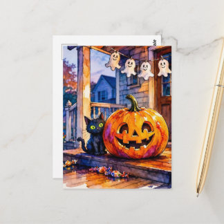 Süße schwarze Katze und Jackolantern Halloween Postkarte