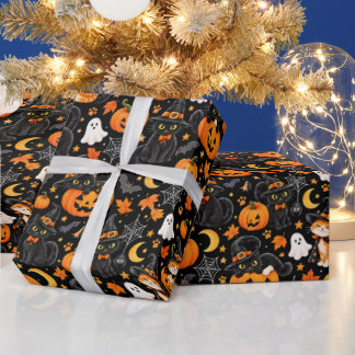 Süße schwarze Katze und Kürbis gruselig nahtloses Geschenkpapier