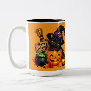 Süße schwarze Katze und Kürbis Halloween-Design Zweifarbige Tasse