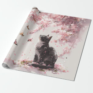 Süße schwarze Katze und Schmetterling unter rosa S Geschenkpapier