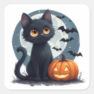 Süße schwarze Katze unter dem Vollmond Halloween � Quadratischer Aufkleber
