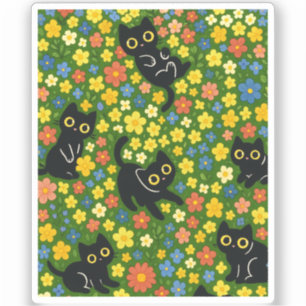Süße schwarze Katzen Blumenwiese Muster Aufkleber