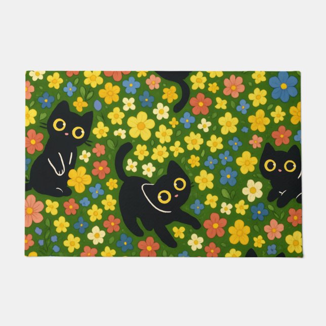 Süße schwarze Katzen Blumenwiese Muster Fußmatte (Vorderseite)