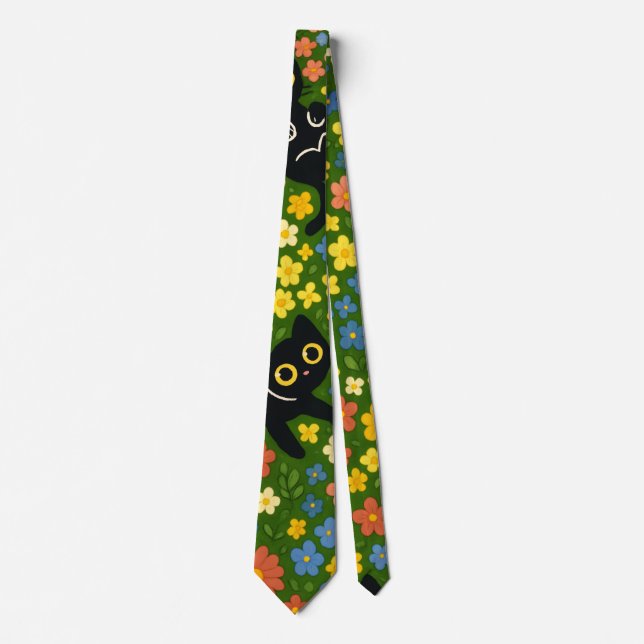 Süße schwarze Katzen Blumenwiese Muster Krawatte (Vorderseite)