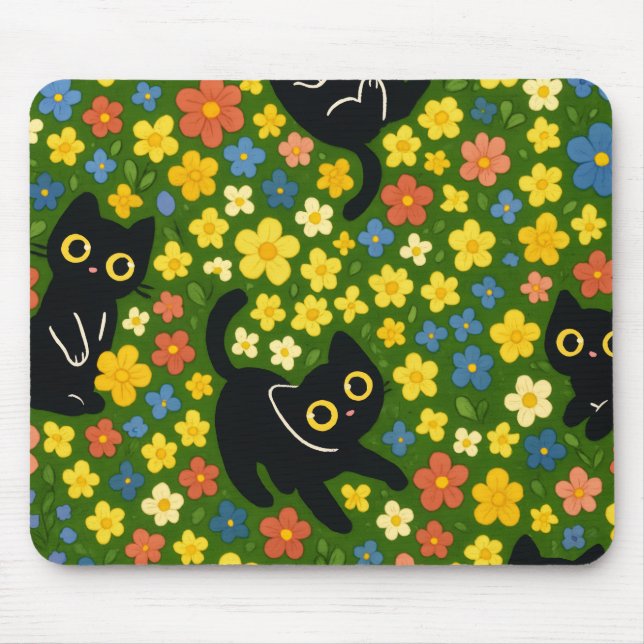 Süße schwarze Katzen Blumenwiese Muster Mousepad (Vorne)