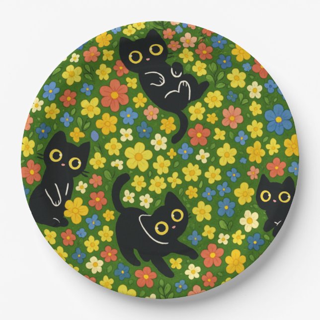 Süße schwarze Katzen Blumenwiese Muster Pappteller (Vorderseite)
