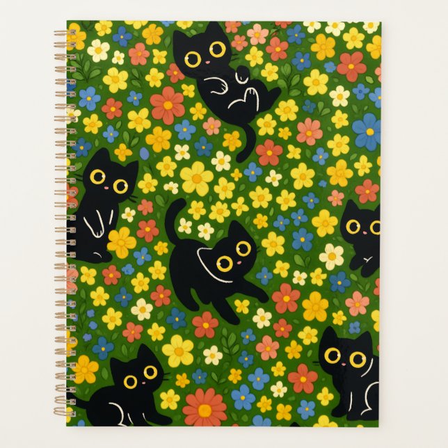 Süße schwarze Katzen Blumenwiese Muster Planer (Vorderseite)